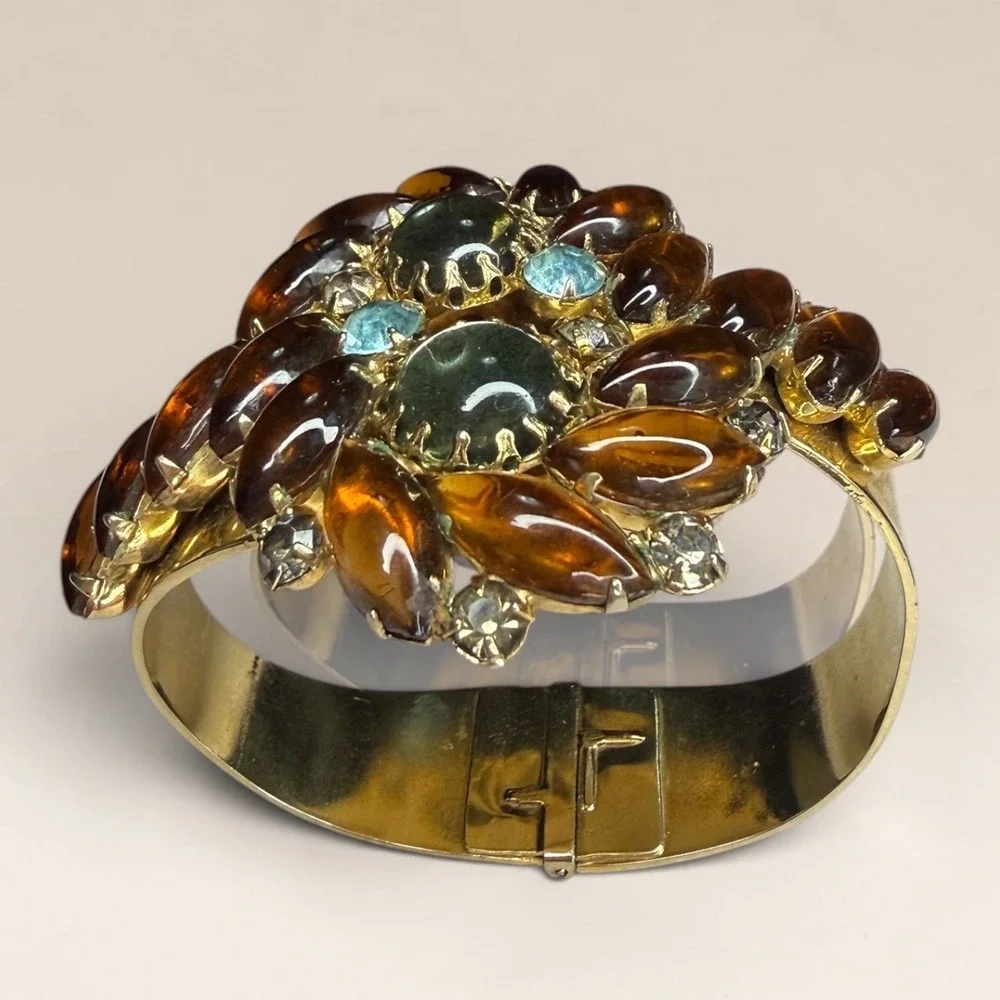 Vintage Alice Caviness Gold Tone Bypass Clamper Bracelet Marquise Rhinestones